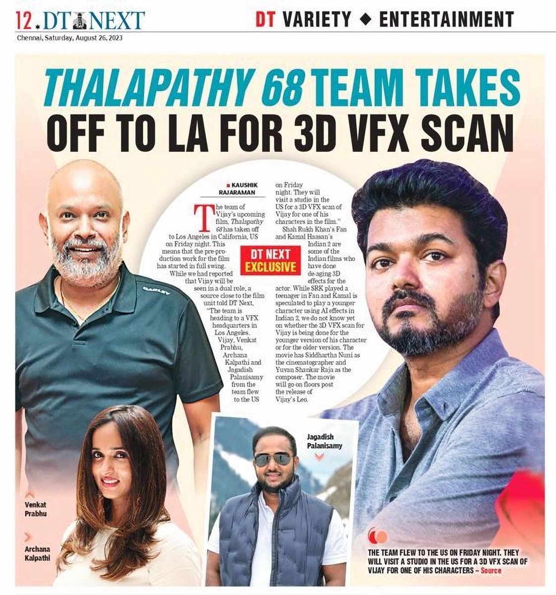 #DTNextExclusive: The team of #Thalapathy68, @actorvijay, @vp_offl, @archanakalpathi and @Jagadishbliss has taken off to #LosAngeles in California, US on Friday night for a 3D VFX scan for #Vijay's character look.

🖋️ @iamkaushikr

Read more:
dtnext.in/news/cinema/th…

#Vijay68