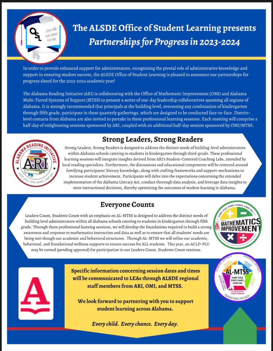 AlabamaMTSS (@alabamamtss) on Twitter photo Join <a href="/AlabamaMTSS/">AlabamaMTSS</a>, <a href="/OMIALSDE/">Office of Mathematics Improvement</a>, & <a href="/Alabama_Reading/">ARI / The Alabama Reading Initiative, ALSDE</a> as we partner to support implementation of the AL Literacy Act & AL Numeracy Act with an integrated, multi-tier approach to supporting student learning. Region-specific information will be communicated to leaders. #AlabamaAchieves Join <a href="/AlabamaMTSS/">AlabamaMTSS</a>, <a href="/OMIALSDE/">Office of Mathematics Improvement</a>, & <a href="/Alabama_Reading/">ARI / The Alabama Reading Initiative, ALSDE</a> as we partner to support implementation of the AL Literacy Act & AL Numeracy Act with an integrated, multi-tier approach to supporting student learning. Region-specific information will be communicated to leaders. #AlabamaAchieves