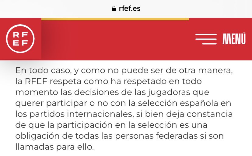 Para cerrar el comunicado de esta noche, una amenaza en toda regla. 

Ojalá un plante de todos los jugadores españoles. 

El mundo entero está mirando. La situación pide valentía y es mucho más importante que estar en la siguiente convocatoria.