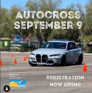 Registration is open at msreg.com/autox-9-sept-23

You can register for Morning, Afternoon or all day. Details about the event are at sdbmwcca.com/event-info