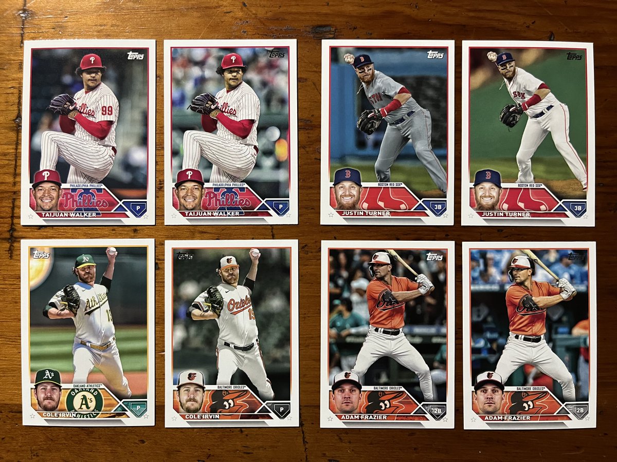 Wait -- where am I?  In addition to differences (some major, some subtle) in the uniform "paint job", there are curious changes in the photo background for some players in the 2023 Topps base set as compared to their team set cards (base set cards on right).  <a href="/SABRbbcards/">SABR Baseball Cards</a>