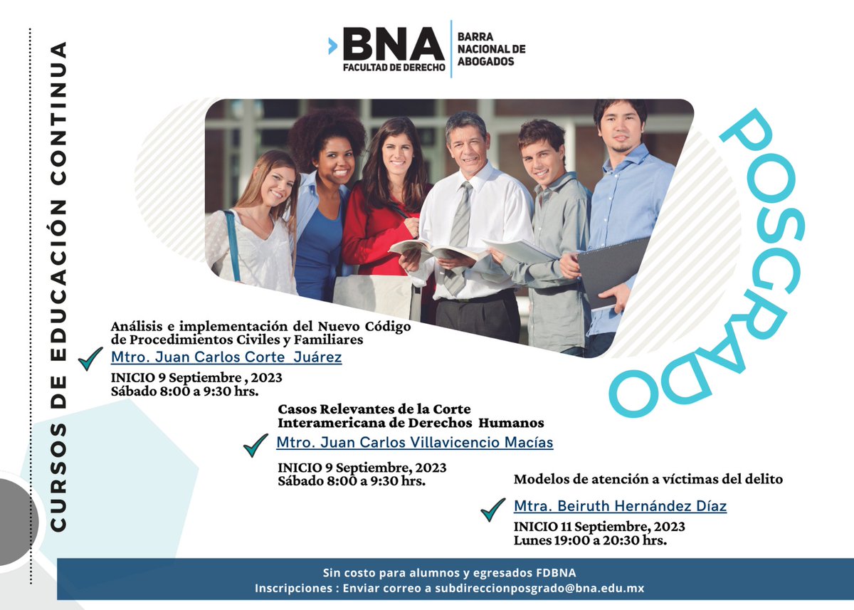 Atención #ComunidadBNA los invitamos a nuestros Cursos de Educación Continua de Posgrado. #SomosBNA
Inscripciones en subdireccionposgrado@bna.edu.mx
Iniciamos el 09 de septiembre ¡Los esperamos!