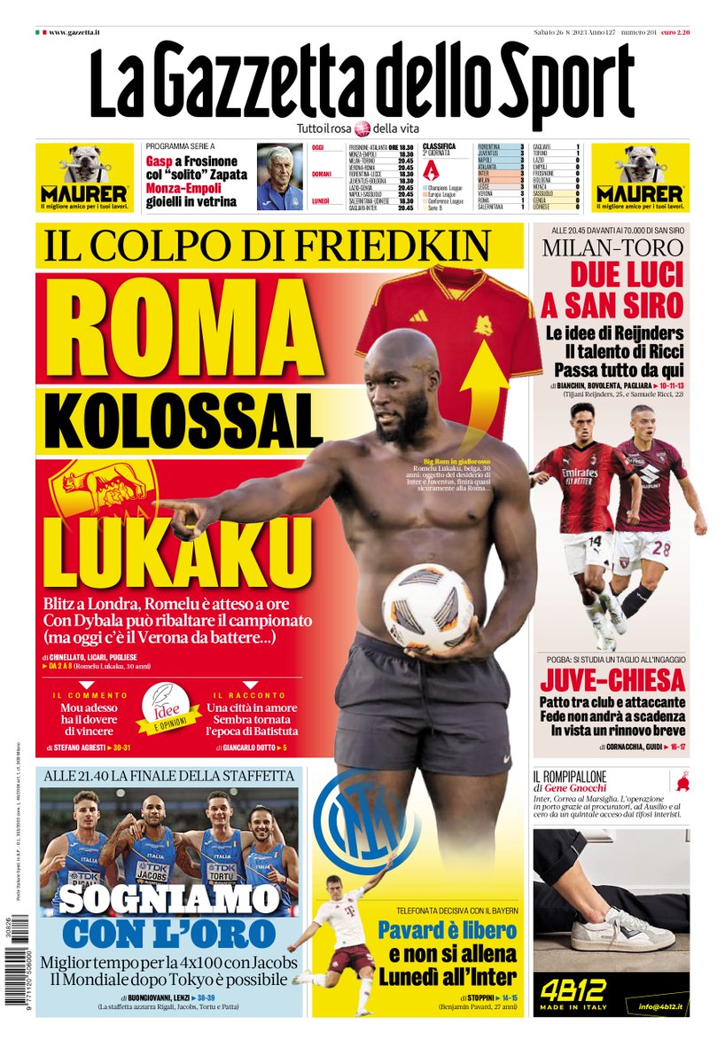 Gazzetta_it's tweet photo. La #primapagina della Gazzetta di oggi
ROMA KOLOSSAL LUKAKU https://t.co/FiiB9VxYyt