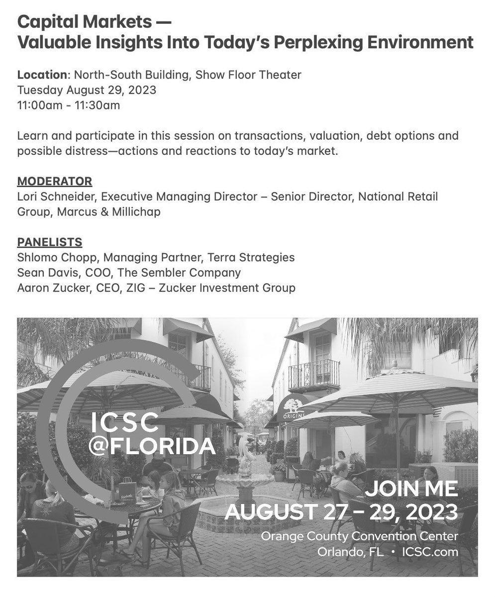 Will you be in Orlando next week?

Looking forward to see you all at @ICSC “@ FLORIDA” and sharing the stage with Lori, Sean and @AaronAZucker!

I’ll be there most of the day on Tuesday.
