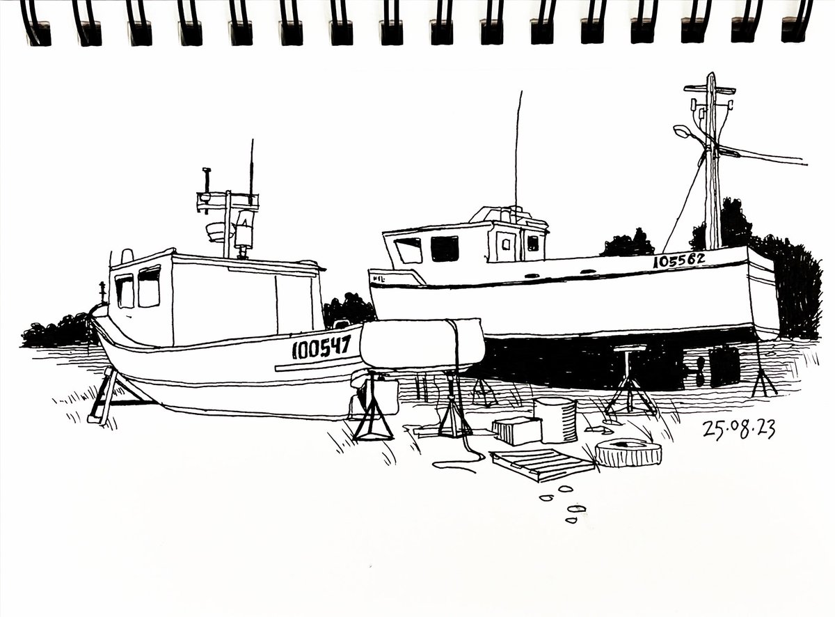 77/237 Louisbourg NS #draw #drawing #sketch #penandink #capebretonisland #fishingboats #landscape