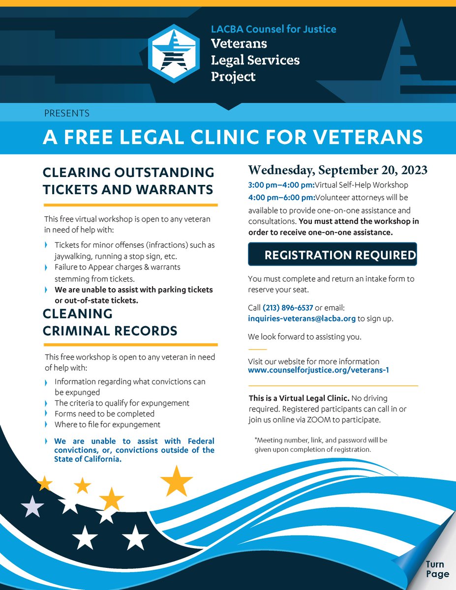 LACBAveterans's tweet photo. #veterans in #socal,  need help w/ #traffictickets or an #expungement of #Criminal convictions? Register now for a #freelegal Virtual Record Clearing Clinic on 9/20!  
Call (213) 896-6537 or email inquiries-veterans@lacba.org. 

 #FreshStart  #FreeLegalAid #ProBono #cleanrecord https://t.co/d3NzdpvSFN