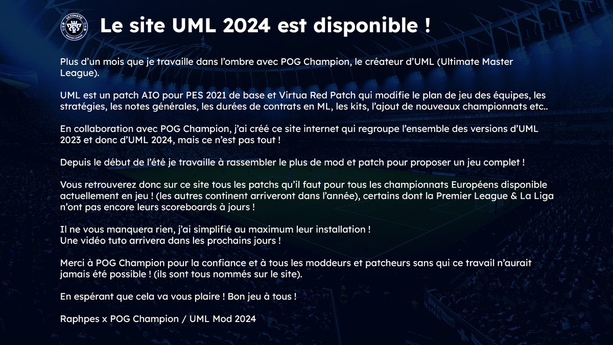 Raphpes's tweet photo. Au plaisir d'entendre vos retours sur ce projet ! 📢

Le site 👉 https://t.co/JVf8d0DWWM

Encore merci à @UMLmod ! 💪

#uml2024 #pes2024 #efootball #virtuaredpatch #pes #patchpes #modpes #umlmod https://t.co/q56GAlH8GM