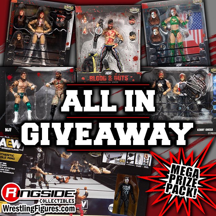 RingsideC's tweet photo. ‼️ AEW ALL IN MEGA GIVEAWAY ‼️

Enter our #AEWALLIN Giveaway Contest for your chance to win a #BloodAndGuts #RingsideExclusive MEGA PRIZE PACK!

Exclusive prize pack includes:
- Wheeler Yuta (Forged in Combat)
- Dog Collar Match (MJF & CM Punk)
- Exploding Barbed Wire Death Match (Kenny Omega & Jon Moxley)
- Thunder Rosa (Lights Out Match)
- Britt Baker (Lights Out Match)
- AEW Rampage Scale Ring w/ Sting

To enter:
- Must be following @ringsidec 
- Like & Repost THIS post
- Reply with a picture of your figures watching #AEW ALL IN, tag us and use #RSCALLIN

Winners will be selected at random out of everyone who entered and followed the rules. Winners to be announced next week!

***YOU WILL ONLY EVER BE CONTACTED BY THIS ACCOUNT***
If any other account poses to be us and asks you for any information please report and block them! We will never ask you for payment information or to click any links!

#RingsideCollectibles #WrestlingFigures #AllEliteWrestling #Jazwares #AEWRampage #AEWDynamite #AEWCollision #WheelerYuta #Sting #BrittBaker #ThunderRosa #JonMoxley #KennyOmega #MJF #CMPunk
