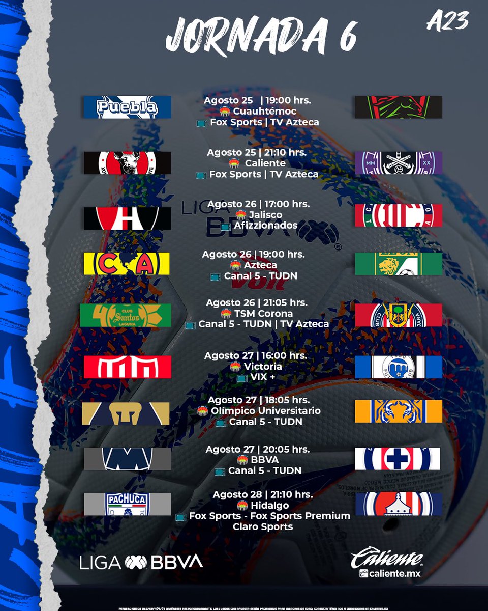 Arranca la #Jornada6 de la #LigaBBVAMX ⚽️🔥

Prepara tu #AgendaFutbolística y no te pierdas nada del #Apertura2023

ligamx.net/cancha/detalle…

¡Regístrate ahora en Caliente.mx y recibe $400 🤑 de regalo para meterle a la #LeaguesCup2023! 📲bit.ly/38xLM6Q