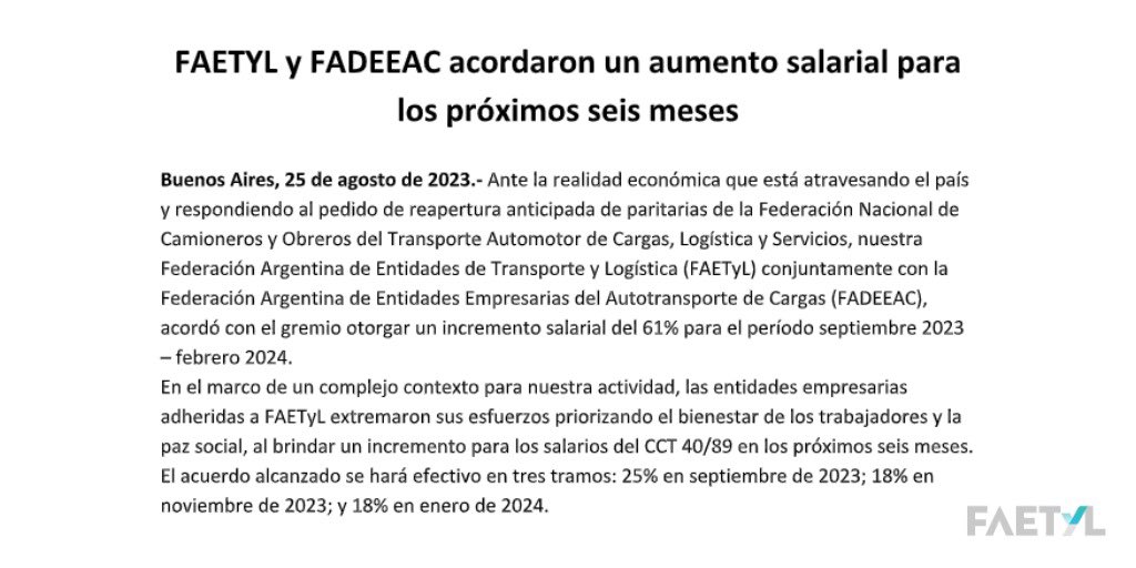 COMUNICADO | Nuestra Federación conjuntamente con la Federación Argentina de Entidades Empresarias del Autotransporte de Cargas (FADEEAC), acordó con el gremio otorgar un incremento salarial del 61% para el período septiembre 2023 – febrero 2024.