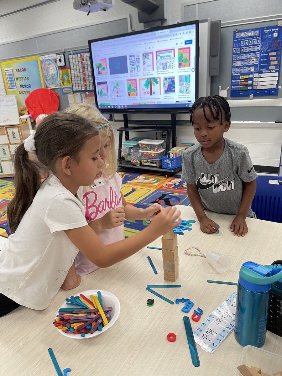 Great first week. We ended with a challenge. Chicka Chicka boom boom! How many letters can fit on your tree? Teamwork at its best.  <a href="/SwansCreekES/">Swans Creek Elem</a>