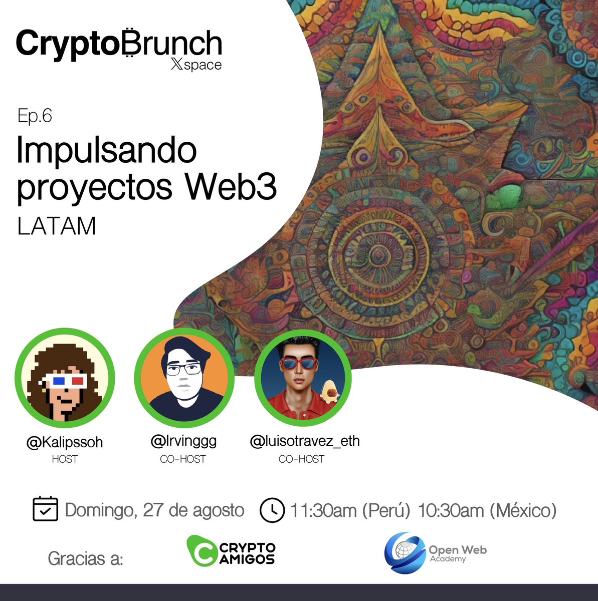 Kalipssoh's tweet photo. Wow qué bonita comunidad lxs respalda ☺️, muchas felicidades!!🚀🤝 Quedan invitadxs al space para conocernos entre todxs ☺️😉 y tendrán 4min para poder comentarnos sobre sus proyectos este domingo!! ☕️🥐 
Si me olvidé de alguno favor de etiquetarlo 🆙 
Esto es #CryptobrunchLatam https://t.co/zGzQcuPniF