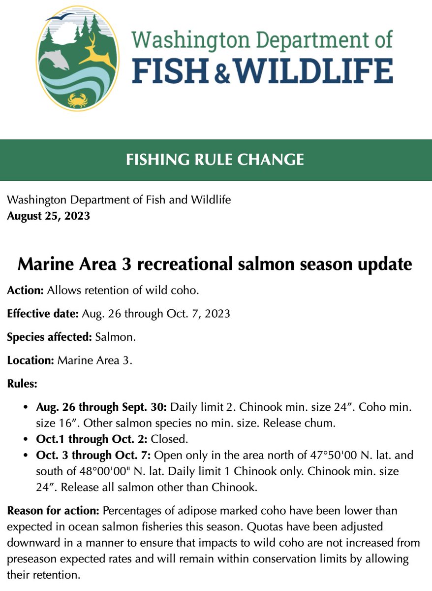 FiNNreports's tweet image. Friday Rules Update dump by WDFW: #PugetSound Anglers get your reading glasses out.  #RulesUpdate #FiNNreports #NWFishing