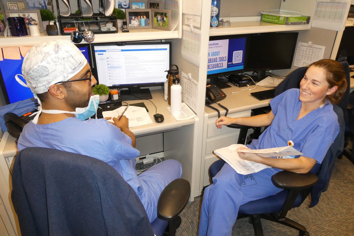 How our residents <a href="/PSH_Urology/">Penn State Urology</a> do sign-out/hand-offs:  after a long day of holding the pager, PGY1 <a href="/JennyKane772/">Jenny Kane</a> (who is still smiling) gives info on the patients to PGY3 <a href="/SurajPursnani/">Suraj Pursnani, MD</a> who is our junior resident taking overnight call, with me as the attending.