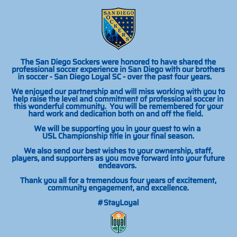 SanDiegoSockers's tweet photo. Sockers Statement on the @SanDiegoLoyal Announcement
#StayLoyal
#SDLoyal
#ThankYou https://t.co/xwSuVZHRHe