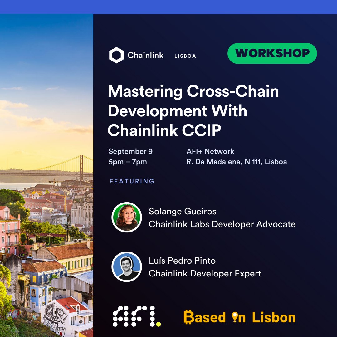 chainlinkpt's tweet photo. Explore um mundo conectado com CCIP ⛓️

Dia 9 de Setembro, em Lisboa, junte-se a @solangegueiros para aprender como desenvolver smart contracts cross-chain e qual o futuro da interoperabilidade na blockchain.

🎟️ Bilhetes grátis já disponíveis: https://t.co/hfHlL6U44C https://t.co/J0TTefBVHD