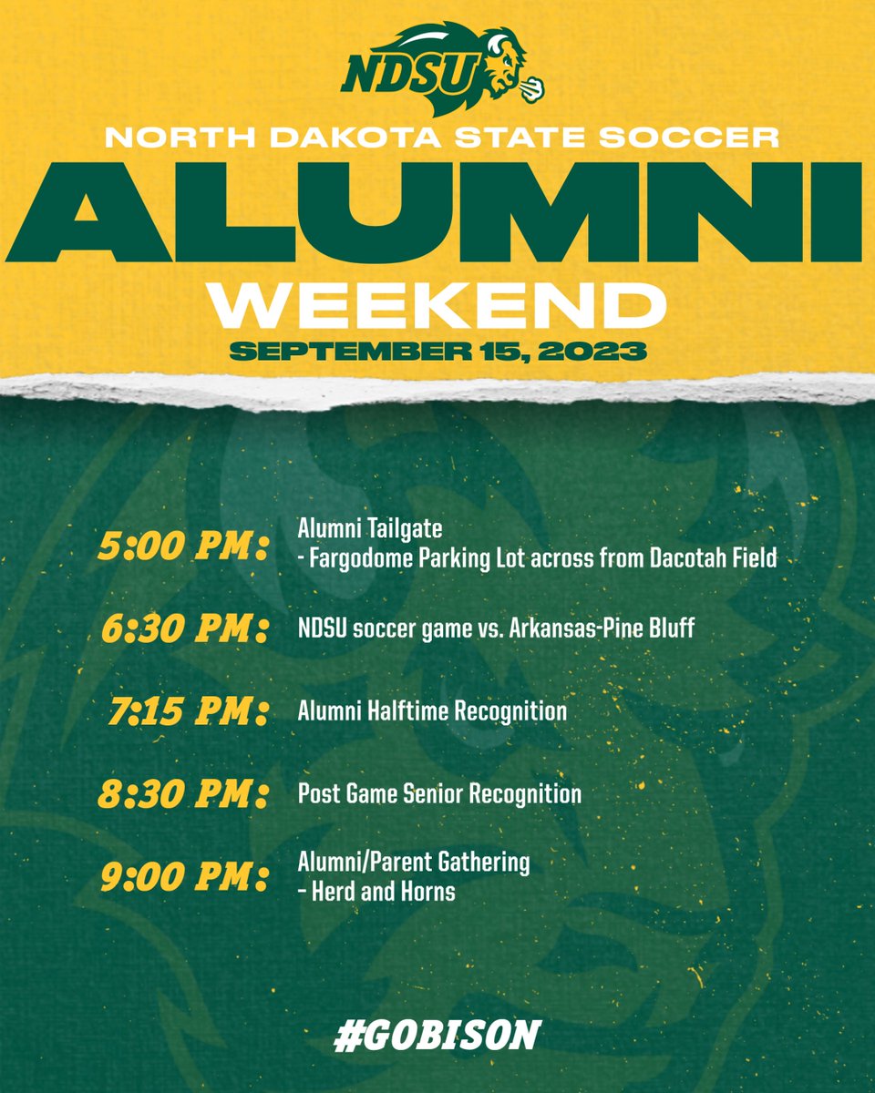 NDSUsoccer's tweet photo. We are looking forward to having all of our alumni and families back to campus! Join us for alumni weekend on September 15 at Dacotah Field!

#BisonFamily 🦬 https://t.co/PioRjSOGb9