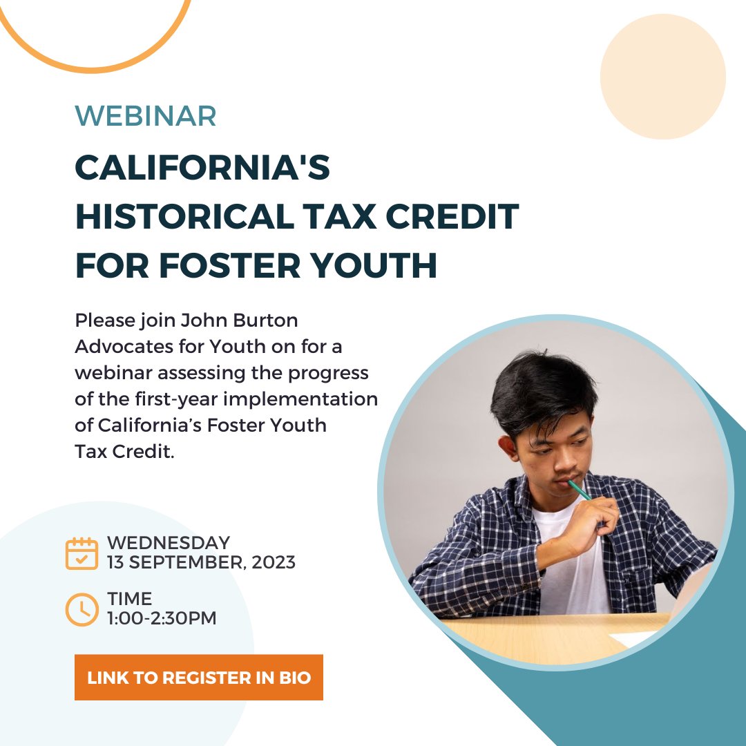JBAforYouth's tweet photo. 🗓️ Mark your calendars for Wednesday, September 13th, from 1:00 to 2:30 p.m., as JBAY presents an insightful session on the inaugural year of the Foster Youth Tax Credit! Learn more and register for this event at https://t.co/lQP8PoDKaD #taxes #youth #fosteryouth #challenges https://t.co/bN1ISKQxt0