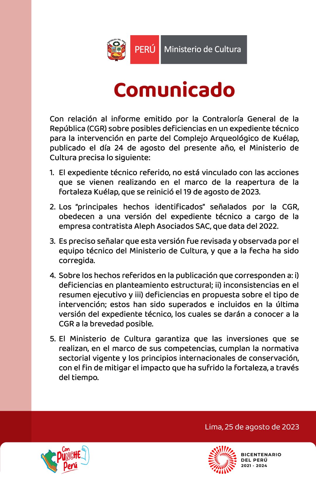 Ministerio de Culrtura responde a la CGR