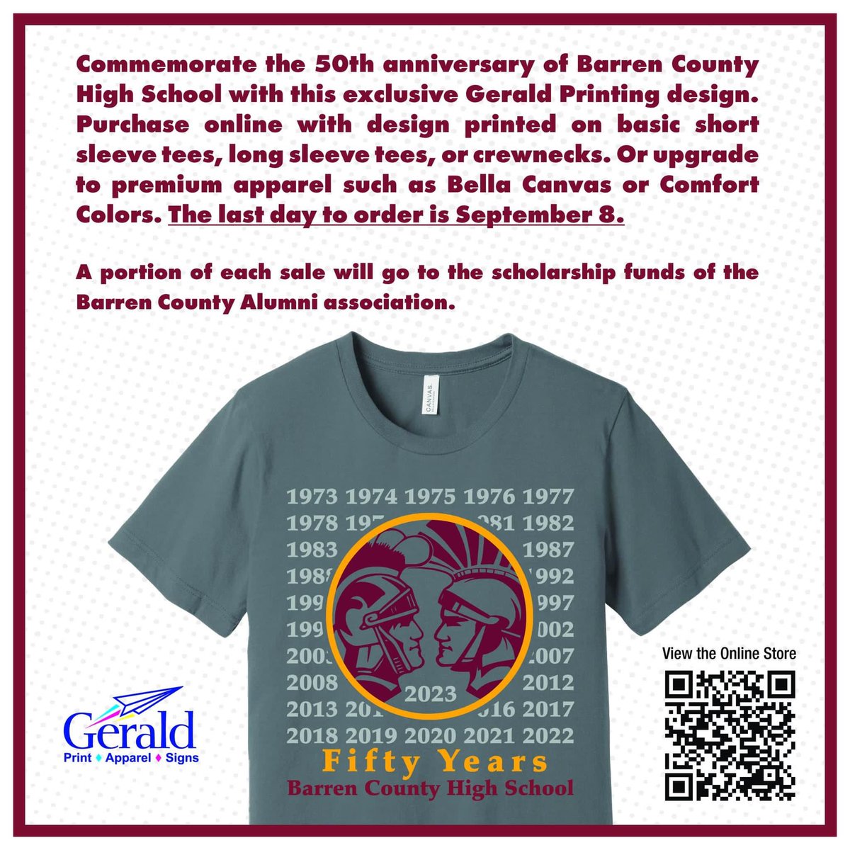 Happy 50th anniversary Barren County High School! 

<a href="/GPglasgow/">Gerald Printing in Glasgow, Ky</a> has created a commemorative apparel design.  

stores.inksoft.com/bc_50th_annive…

A portion of each sale will be donated to the scholarship funds of the Barren Co Alumni Association. 

The store will close on September 8.