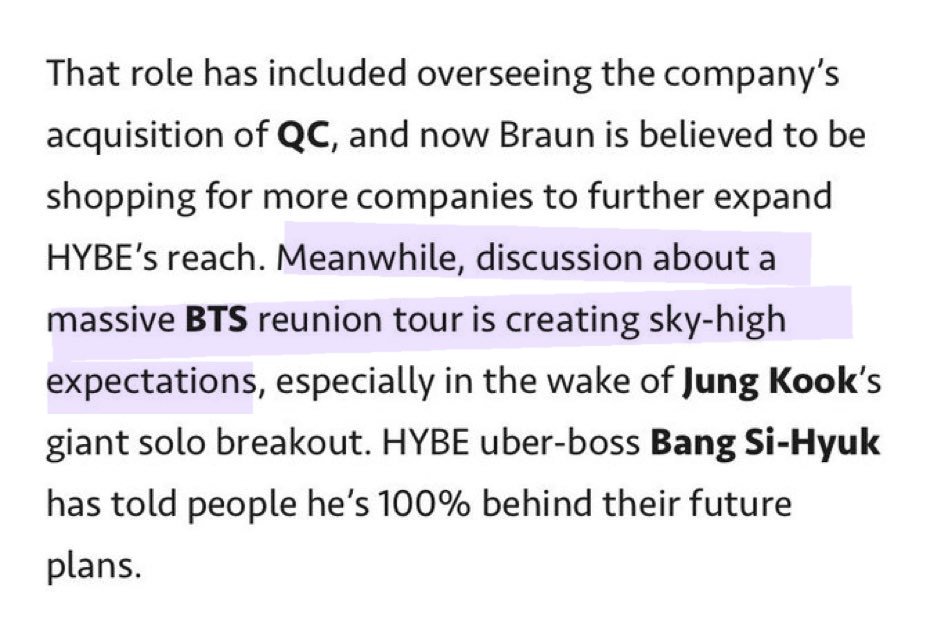 [INFO] En un artículo que salió, se dice que ya hay discusiones sobre un Tour masivo de reunión de BTS (después de completar su sm) y que con esto, las expectativas están en el "cielo". 

Fuente: m.hitsdailydouble.com/news&id=337369…