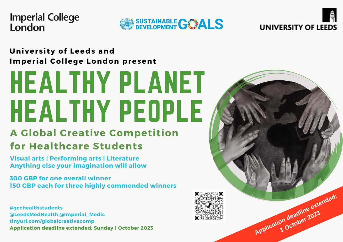 Deadline extended to Oct 1 for the 2023 Global Creative Competition for health professions students. Theme = Healthy Planet, Healthy People. Hosted by @LeedsMedHealth and @Imperial_MEdIC. For more information:medicinehealth.leeds.ac.uk/faculty-/doc/c…… #GCCHealthStudent