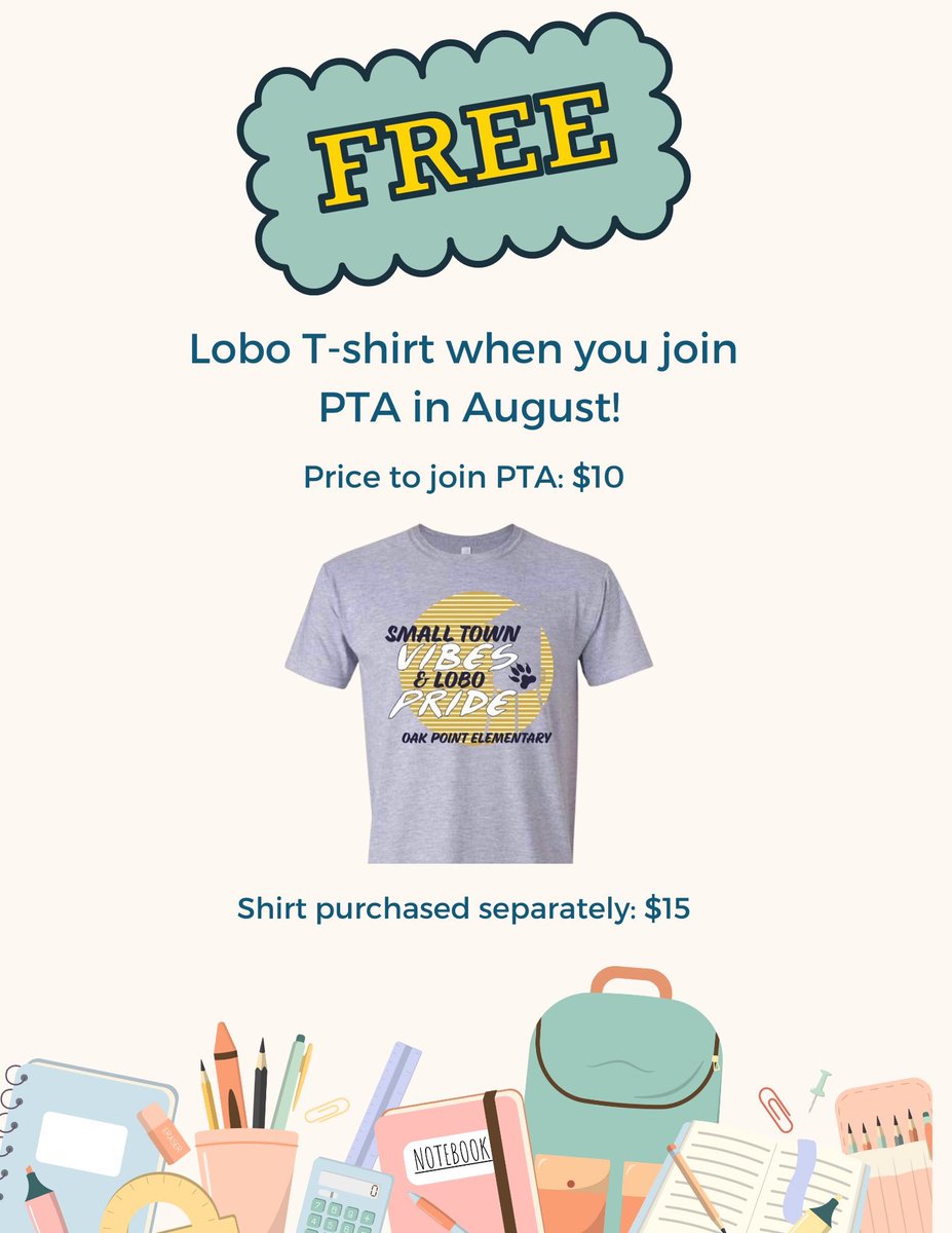OakPoint_PTA's tweet photo. ‼️One week left!! ‼️ Join PTA by August 31st and get a FREE spirit shirt!! 💙🐺💛🐾 Let’s go LBOBS!! #LoboSpirit #Navy #Gold https://t.co/0ecMMn2scl