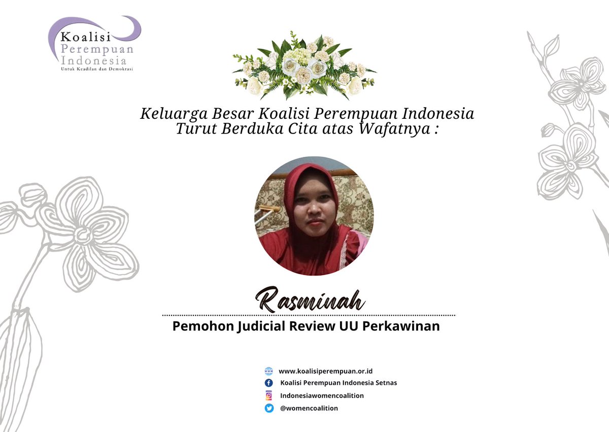 Koalisi Perempuan Indonesia Berduka

Telah Berpulang ke Rahmatullah , sahabat pejuang kami Mbak Rasminah ( Pemohon JR UU Perkawinan) - 26 Agustus 2023
Kesedihan yang mendalam, tetapi kami Percaya api juangmu abadi.
Selamat Jalan Pejuang Hebat , damai dan tenang dalam Surga ALLAH.