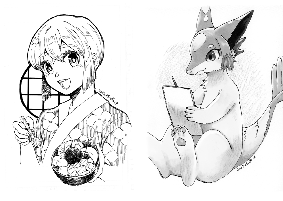 【🎨新刊✒】 「ドローイングまとめ本」 創作キャラクターのらくがきをまとめたコピー本です。 ◆#コミティア145 / B04a ◆通販は余ったら考えます ◆原画販売もあります