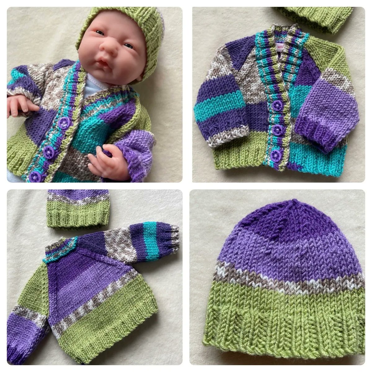 Gorgeous lime,purple and turquoise rainbow cardigan and hat set for a premature baby 💜💚🩵

Bettysmumknits.etsy.com

 #etsybaby #prematurebabyclothes #shopindie