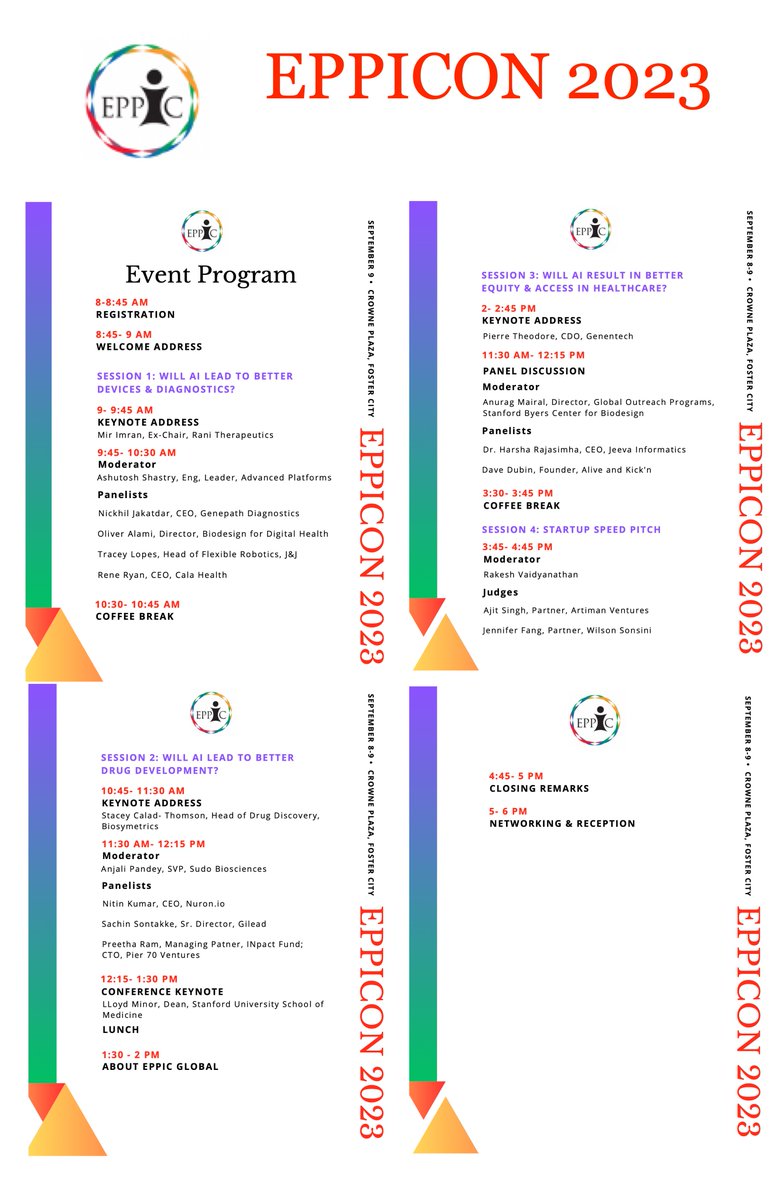 EPPICON Program Agenda is now final! We have an exciting theme for the conference- "Will AI Lead to Better Patient Health Outcomes, Equity, and Access"

The Program has three keynotes and corresponding panel discussions -

Register now at the link below!
lnkd.in/dsCZGCF6