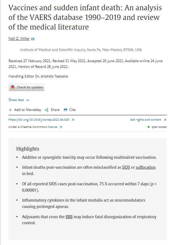 Inversionism's tweet photo. According to a paper published in 2021 to the journal of Toxicology reports titled "Vaccines and sudden infant death: An analysis of the VAERS database 1990–2019 and review of the medical literature", 78.3% cases of SIDS happened within 7 days of vaccinations, and 58% within 3 days, confirming a temporal association and it that was statistically significant with a p<0.0001, which means that chance that it was random is basically 0%. 

https://t.co/yPwfMTB3Ht

This isn't direct evidence of causality of course, but Miller gives some potential theories stating: "Several theories regarding the pathogenic mechanism behind these fatal events have been proposed, including the role of inflammatory cytokines as neuromodulators in the infant medulla preceding an abnormal response to the accumulation of carbon dioxide; fatal disorganization of respiratory control induced by adjuvants that cross the blood-brain barrier; and biochemical or synergistic toxicity due to multiple vaccines administered concurrently."

Considering the introduction of the Hep B vaccine into day old newborns was first recommended in 1991, it's quite obvious to me where the causality is mostly likely at, especially when you understand the toxicity of injected aluminum and this glaring admission from the NIH after a FOIA for the studies on the safety of injected aluminum into infants. 

https://t.co/Bem57WdnMj

"It should be a matter of concern that a recent freedom of information act request (FOIA Case Number 50882, and HHS Appeal No.; 19-0083-AA) revealed that the NIH were unable to provide a single study relied upon by them in relation to the safety of injection of aluminum adjuvants in infants."

No matter how many times I read that admission, it's still blows my mind. Truly indefensible.

The further you get into the paper, Miller does an excellent job explaining the game of musical chairs that the government and corporations have been performing with how SIDS and infant deaths are classified, removing ICD codes like they did in 1979 when it was called "prophylactic inoculation and vaccination". 

He also elaborates on the big "black to sleep" campaign that happened in 1992 where the Academy of Pediatrics came up with a plan to try and reduce these cases of SIDS because parents were starting to get concerned about the string of infant deaths. 

Isn't it awfully coincidental that this program began just a few years after the 1986 vaccine act and they added a so many additional shots to the schedule for babies and children?

Isn't it even more coincidental that the Hep B vaccines was first recommended for newborns in the US in 1991? 

In image 2, he succinctly explains the how these ICD codes were manipulated to make a loophole and manufacture the reality that SIDS cases had dropped (commonly referenced by the pro-vaccine complicity theorists as the reason for why vaccines aren't causal because it appeared like SIDS dropped as vaccines increased), when truly it was just a game of shifting causality and classifications to cover it up. Other countries performed a similar game of subversion like in Australia, where SIDS decreased, but deaths from asphyxia increased. 

Where have we seen this before? Oh right COVID and vaccine deaths via PCR. They did this during AIDS with AZT and PCR/WesternBlots too. Same playbook of death and misattributing causality, over and over and over until the data is so convoluted and muddied that no one can make sense of it or use it for legal endeavors against them. 

The rest of the paper has such thorough analysis that you should read if you want to understand the broader pictures and data sets. Section 4.8 is where he reviews a comparison of studies that confirms deaths cluster in the earlier post-vaccination period, which is highly suggestive of a causal association. One anecdote isn't evidence, but repeated anecdotes in massive unending aggregate happening continually over years and years... you'd have to be an ideologue not to see it when evaluated in conjunction with the evidence on aluminum toxicities, as well as other toxic adjuvants in the litany of vaccines. 

Conclusion: 

This study found that a substantial proportion of infant deaths and SIDS cases occurred in temporal proximity to vaccine administration. The excess of deaths during these early post-vaccination periods was statistically significant (p < 0.00001). Several theories regarding the pathogenic mechanism behind these fatal events have been proposed, including the role of vaccine-induced inflammatory cytokines as neuromodulators in the infant medulla preceding an abnormal response to the accumulation of carbon dioxide; fatal disorganization of respiratory control induced by adjuvants that cross the blood-brain barrier; and biochemical or synergistic toxicity due to multiple vaccines administered concurrently.

While this paper does not prove an association between infant vaccines and sudden infant deaths, it reveals unusual patterns and safety signals highly suggestive of a causal relationship. Additional investigation is warranted. Finding ways to increase vaccine safety, reduce inaccurate or inconsistent cause-of-death certification practices, and support families in their quest to make genuinely informed healthcare decisions, must be top priorities.