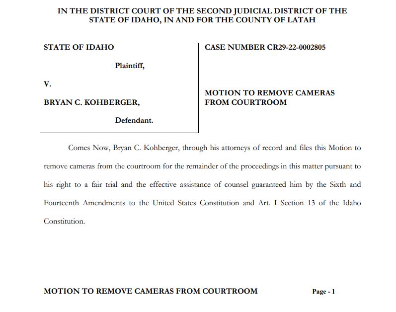 BrianEntin's tweet photo. 1/2
Bryan Kohberger's attorneys filed this motion to remove cameras from the courtroom. They claim the camera operators have not followed the judge's instructions not to focus exclusively on Kohberger. https://t.co/8SvMcnhkgb