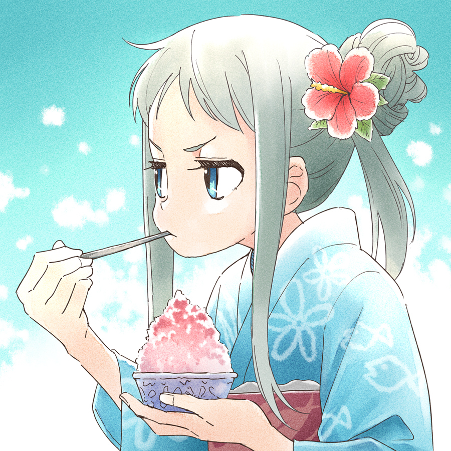 honma meiko shaved ice 1girl japanese clothes kimono flower food solo  illustration images