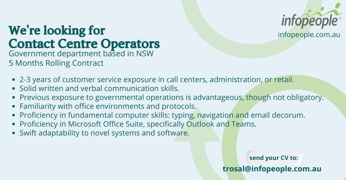 Infopeople is #hiringnow!

If you’re looking for a new role, get in touch with Victoria Tiffany at 0482 097 646 / trosal@infopeople.com.au OR visit our website at infopeople.com.au.

#hiring2023 #contactcentrejobs #contactcentreoperator #sydneyjobs