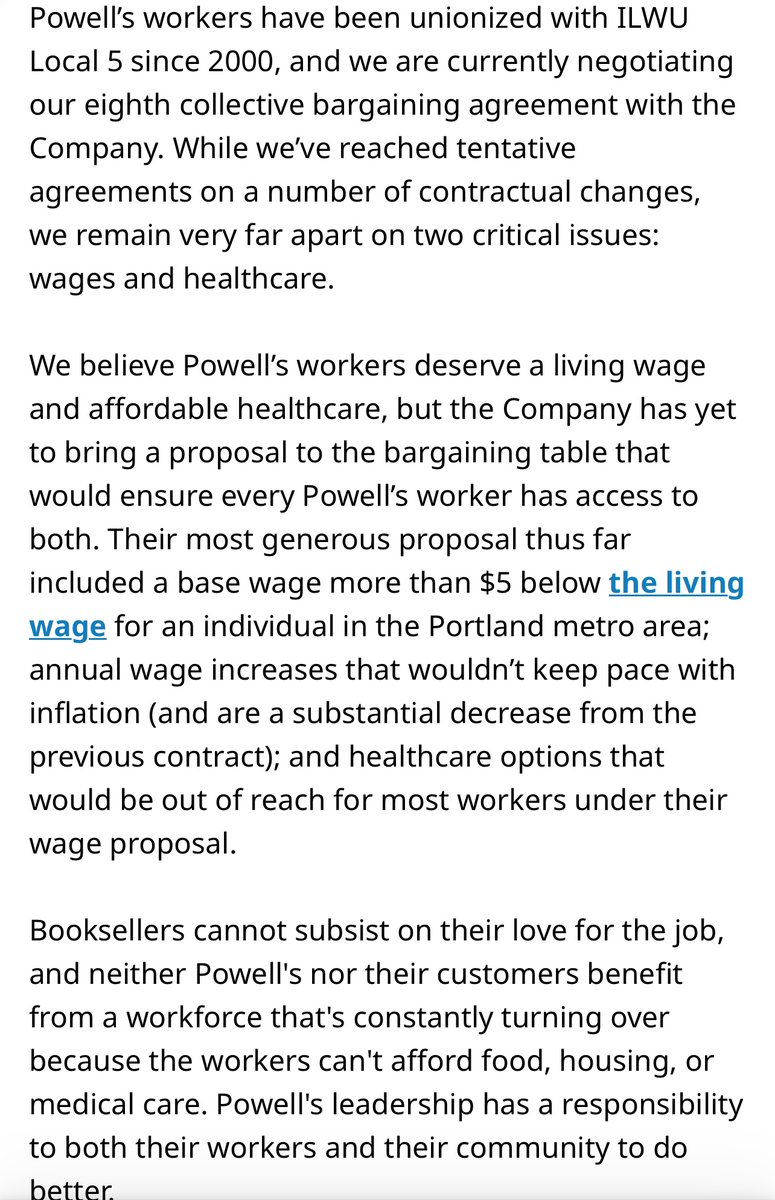 Grace Lavery (@graceelavery) on Twitter photo Workers at Powell’s in Portland are going to strike on 09/04! The staff there are catherine wheels of literary sparkle. PAY THEM ACCORDINGLY!
writers and readers, plz sign this petition to show support for the <a href="/ILWULocal5/">ILWU Local 5</a> and tell <a href="/Powells/">Powell's Books</a> to pay up.
change.org/p/tell-powell-… Workers at Powell’s in Portland are going to strike on 09/04! The staff there are catherine wheels of literary sparkle. PAY THEM ACCORDINGLY!
writers and readers, plz sign this petition to show support for the <a href="/ILWULocal5/">ILWU Local 5</a> and tell <a href="/Powells/">Powell's Books</a> to pay up.
change.org/p/tell-powell-…