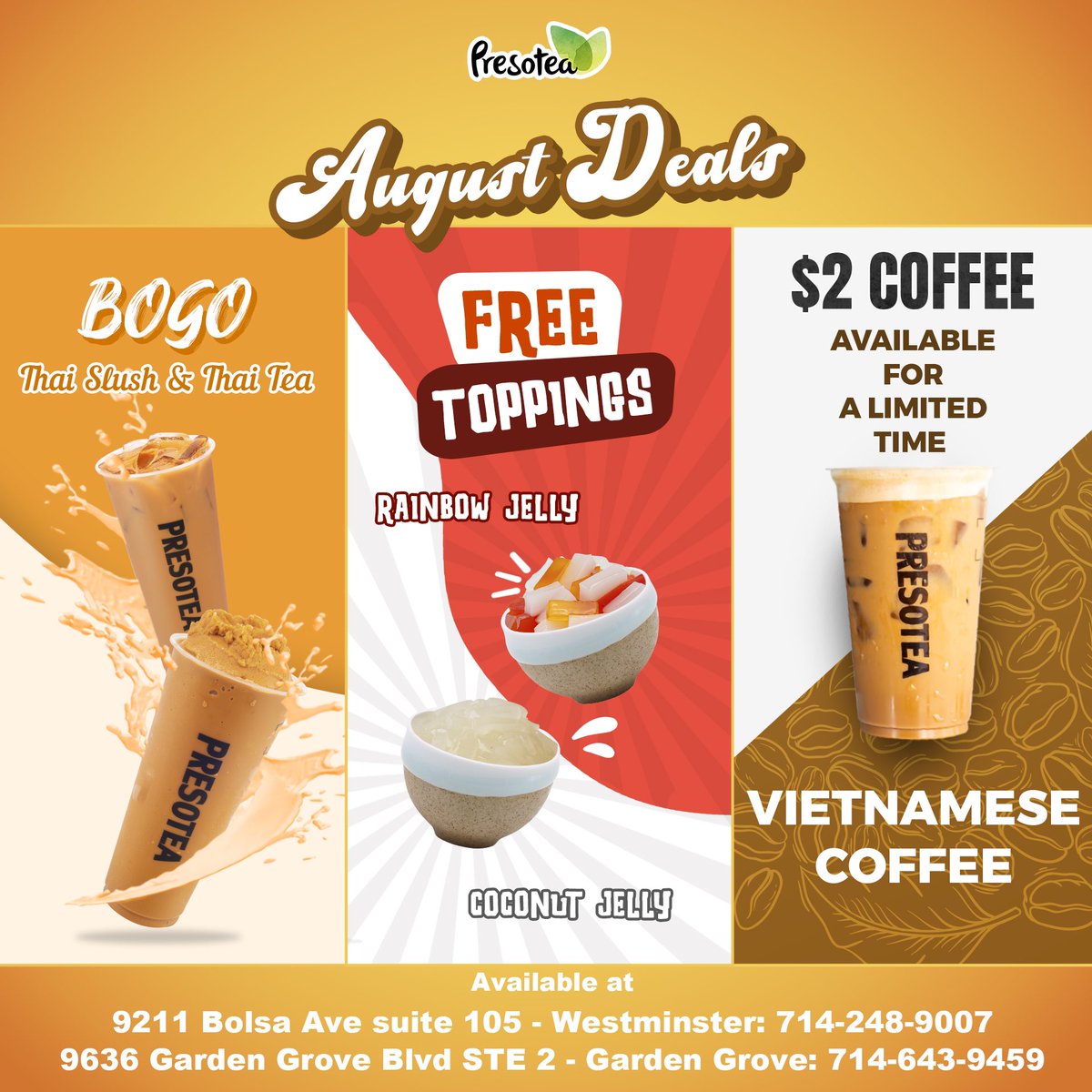 PresoteaWest's tweet photo. Don't miss out on our latest promo available‼️

 Treat yourself to BOGO Thai Tea &amp; BOGO Thai Slush or kickstart your day with $2 Vietnamese Coffee, and top it off with a FREE Coconut or Rainbow Jelly topping in every single sip! 😍 https://t.co/DPH0Y6F7hW