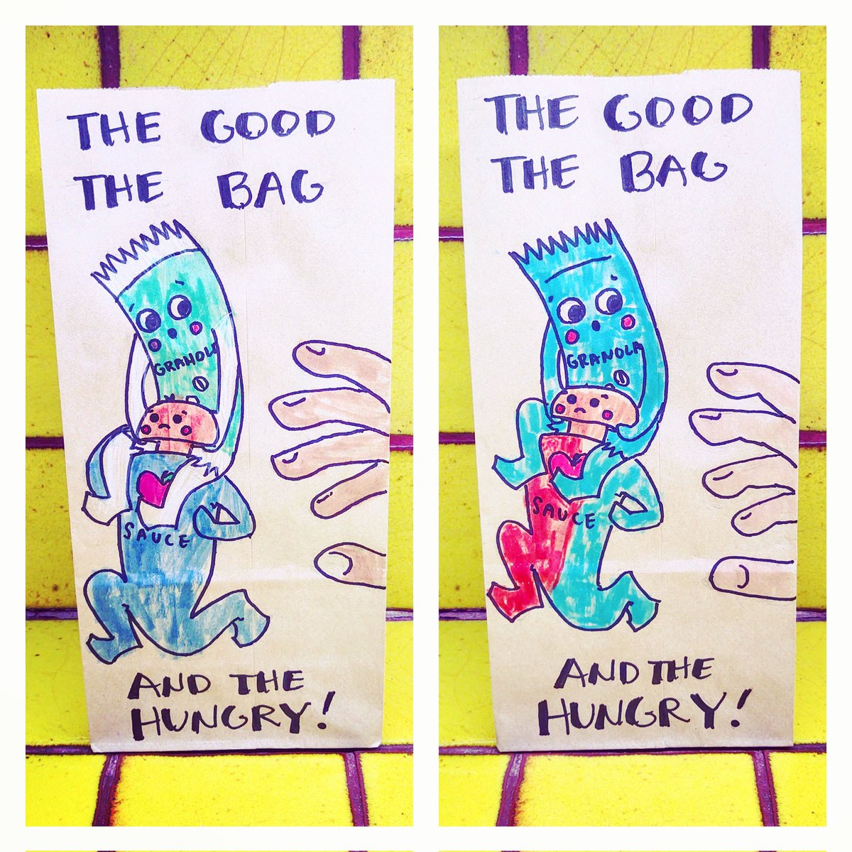 The GOOD, the BAG, and the HUNGRY! 😅
Art by me + colors by my kiddos! Our before school ritual✨
#bagtoschool #artist #illustration #snackbag #womanwhodraw #positivity #paperbag