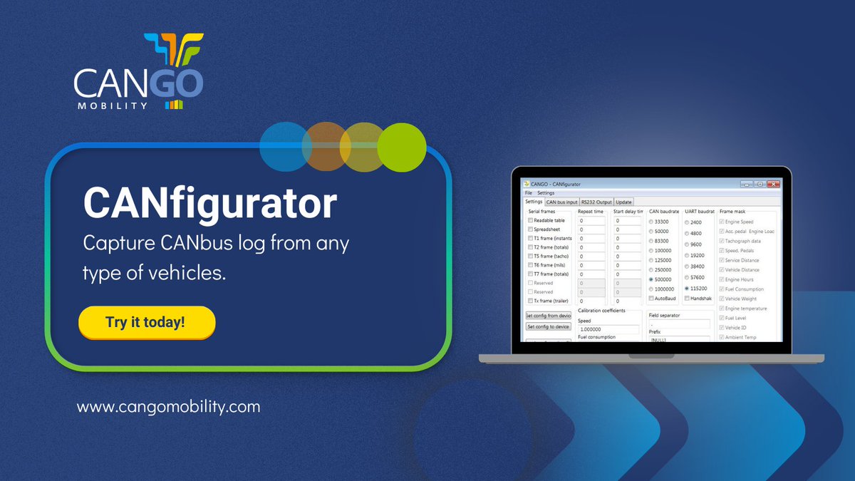 CANGOmobility's tweet image. Your ultimate tool for vehicle CANbus data control is here! 💡

🔌 Capture CANbus logs from any vehicle
🛠️ Configure functionalities
🔍 Check device &amp;amp; vehicle parameters

Streamline vehicle data management with CANfigurator!

buff.ly/3DJSwKH

#CANfigurator #VehicleData