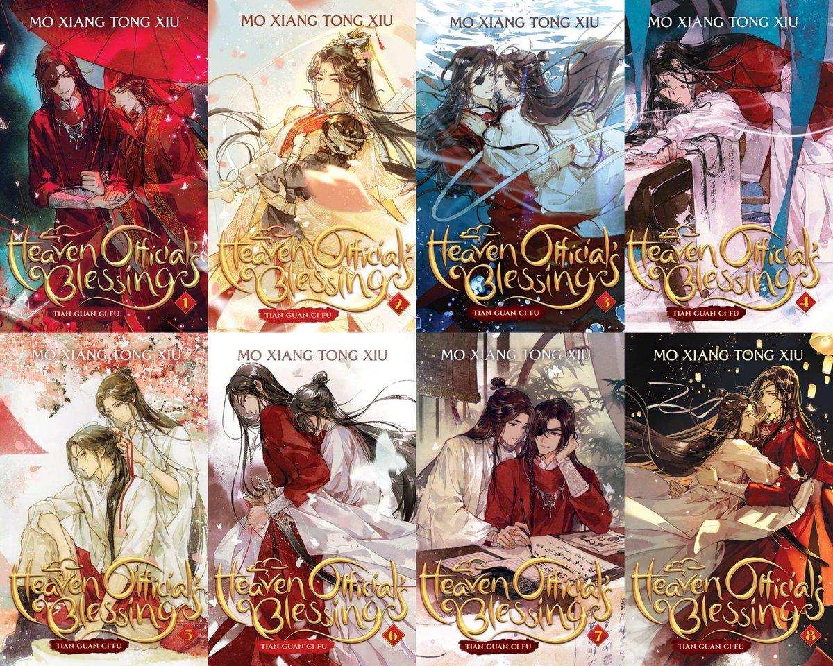 hualianful's tweet photo. cover art for volumes 1-8
it's all complete now ❤️ https://t.co/0PxAhrt2jF