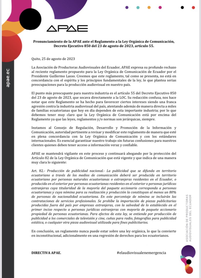 Levector2's tweet photo. atentando además de manera directa a miles de familias ecuatorianas que hoy en día dependen de esta importante industria. Debemos tener muy claro que la Ley Orgánica de Comunicación está por encima del Reglamento ya que las leyes, reglamentos y/o normas son jerárquicas, siempre. https://t.co/YQhYnaGeDn