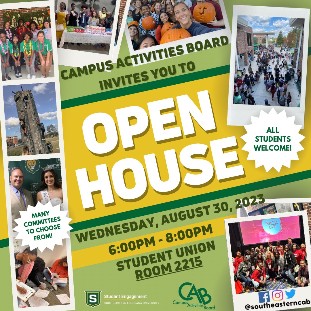 Interested in joining CAB?!🗣️ Our Open House will be Wednesday, August 30th at 6pm. Here you will have the opportunity to learn about what CAB does and join one of our several committees! We hope to see you there!🦁💚