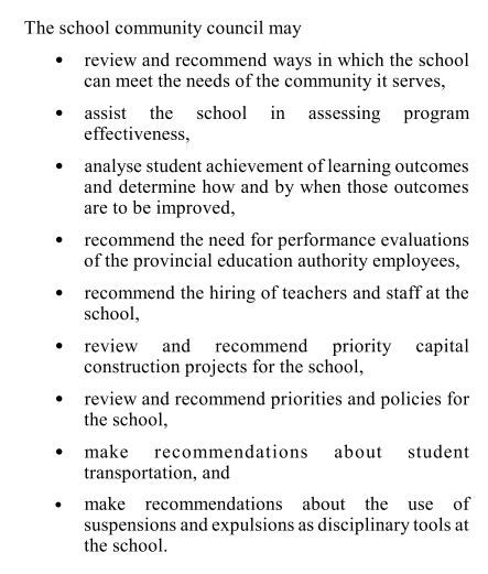 PublicEdMB's tweet photo. One part of the rejected Bill 64 involved establishing School Community Councils, where parents and community members would work to advise principals on many topics. The list below is a lot. https://t.co/wdEErjtTd6