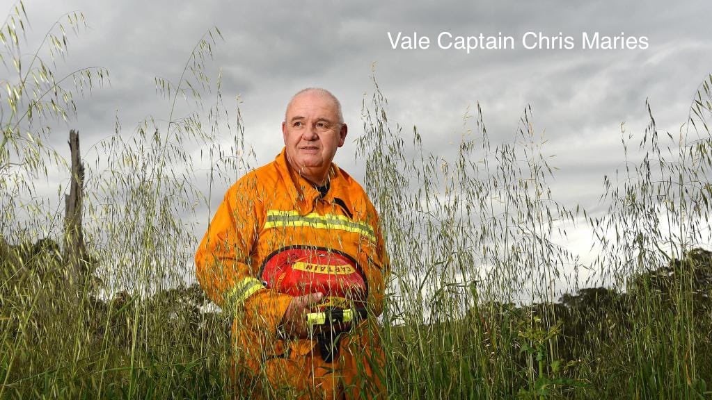 It is with great sadness that I advise the passing of Captain Chris Maries , a respected and valued member of Doreen CFA.

Rest easy Captain your service is complete.

The Doreen CFA Flag will fly at half mast as a sign of respect.

Robert Bury
Doreen Captain