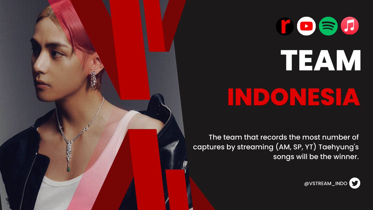 taevoting_ina's tweet photo. ⚔️ Streaming Battle ⚔️
🇵🇪 Peru vs. 🇮🇩 Indo vs. 🇯🇵 Jepang

Dukungan penuh untuk Taehyung agar mencapai goals #V_LoveMeAgain &amp; #V_RainyDays !

🌀Reply dengan screenshot streaming untuk Taehyung (Spotify/Apple Music/YT) &amp; tags #TEAMINDO 
🗓️26/8 8:00 - 12:00 WIB 

LET'S GO INDO!!🔥 https://t.co/Jyvs7BiXxN