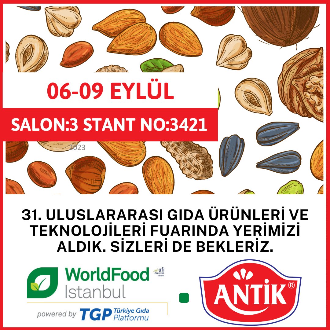 31. düzenlenecek olan @worldfoodistanbul Fuarı'nda katılımcı olarak yerimizi alıyoruz. Sizleri de bekleriz.
06-09 Eylül
Salon: 3 Stant Numarası: 3421
#kuruyemis #fuar #tüyap #WorldFoodIstanbul