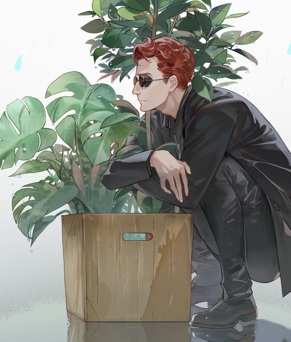 1boy male focus solo sunglasses red hair squatting plant  illustration images