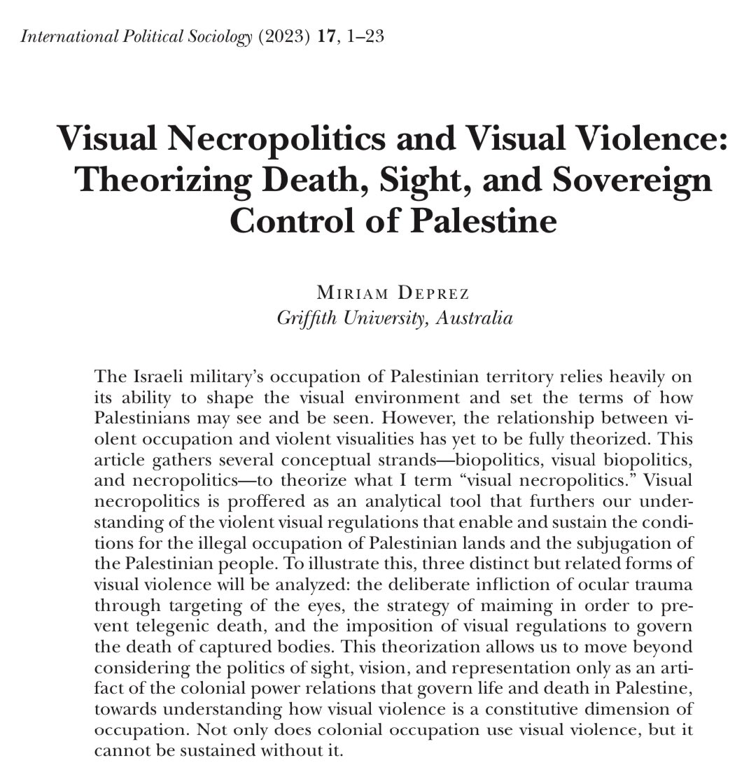 “Visual Necropolitics and Visual Violence.” New article by <a href="/m_deprez/">Miriam</a> in <a href="/INTPOLITSOCIO/">International Political Sociology</a>.  Big congrats Miriam. academic.oup.com/ips/article-ab…
