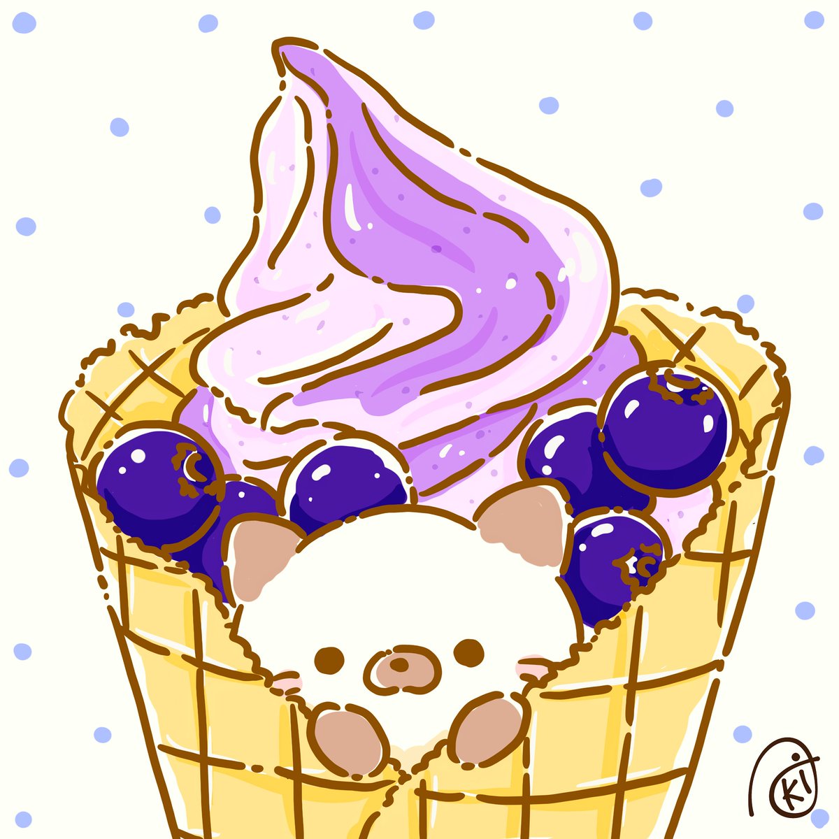 原画「クリームぜんざいと猫」猫/イラスト/アート/絵画/ソフトクリーム/白玉団子 猫 三毛, image size:1200x1200