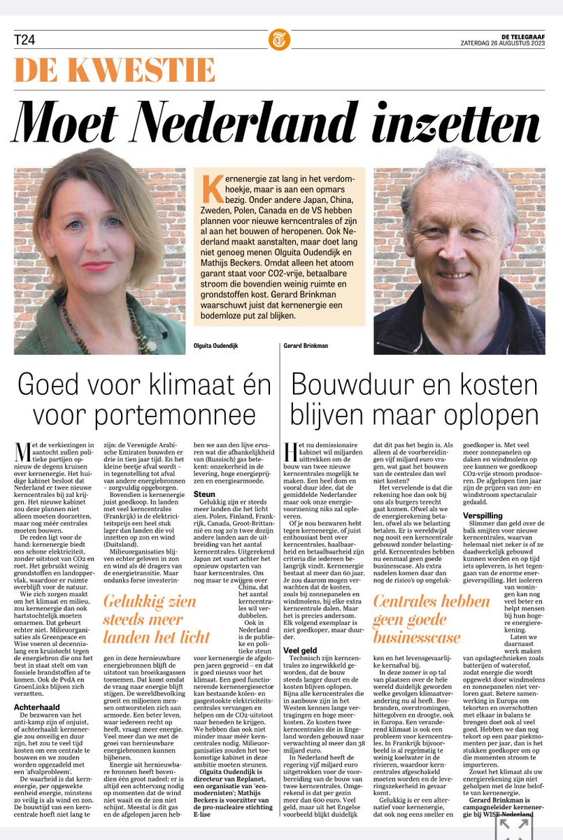 gerardbrinkman's tweet photo. Vanmorgen in @telegraaf . Waarom #kernenergie geen goed idee is. Te duur, te laat, gevaarlijk en vies. Als je het klimaatprobleem serieus wilt aanpakken, ga je zsm fors investeren in zon/wind/opslag. https://t.co/FB5Kq8sBVM